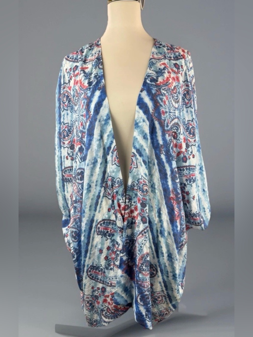 Zac & Rachel Blue and Red Paisley Print Kimono Cardigan 1X